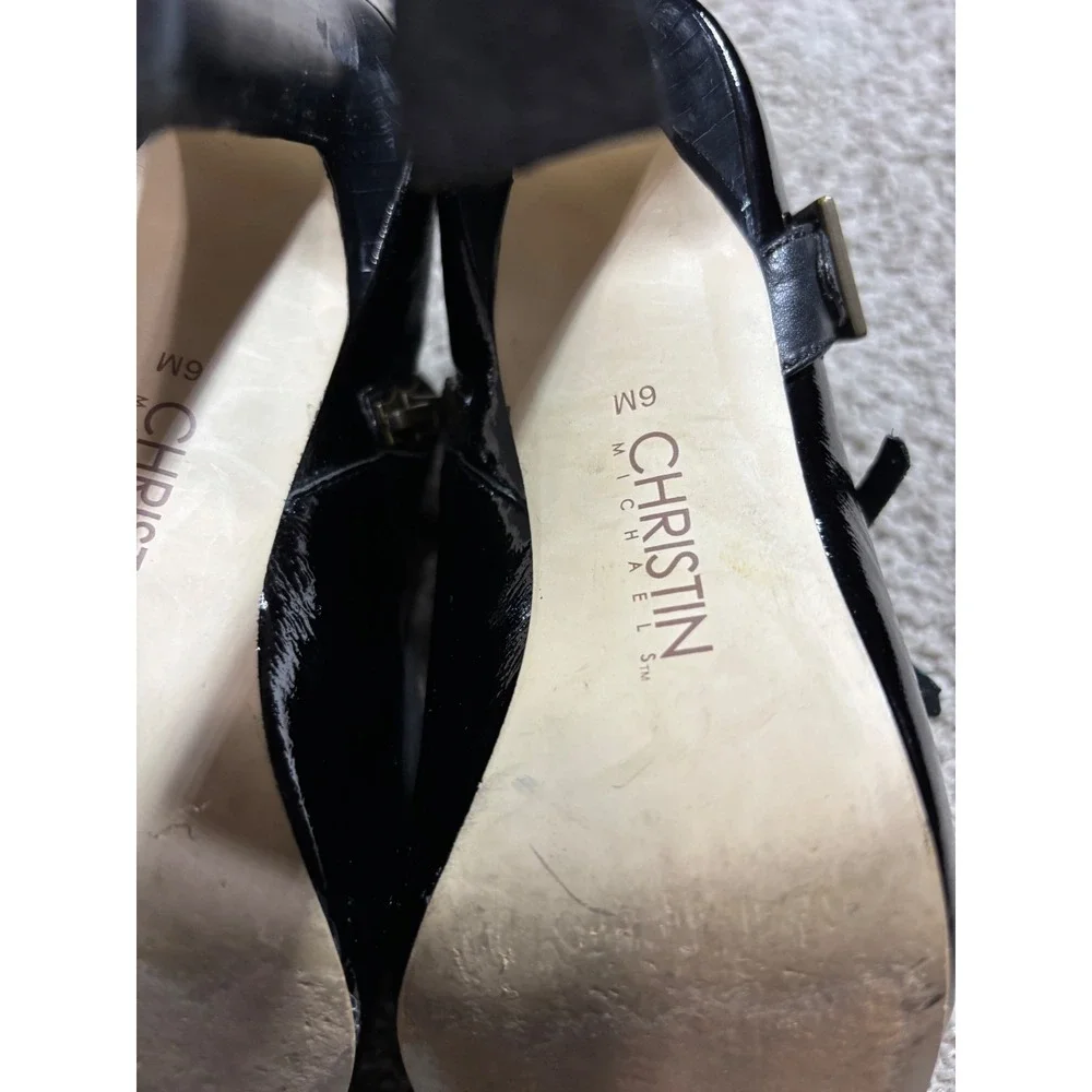 Christin Michaels Canton Black Patent Leather Fringe Buckle Ankle Boots 6M